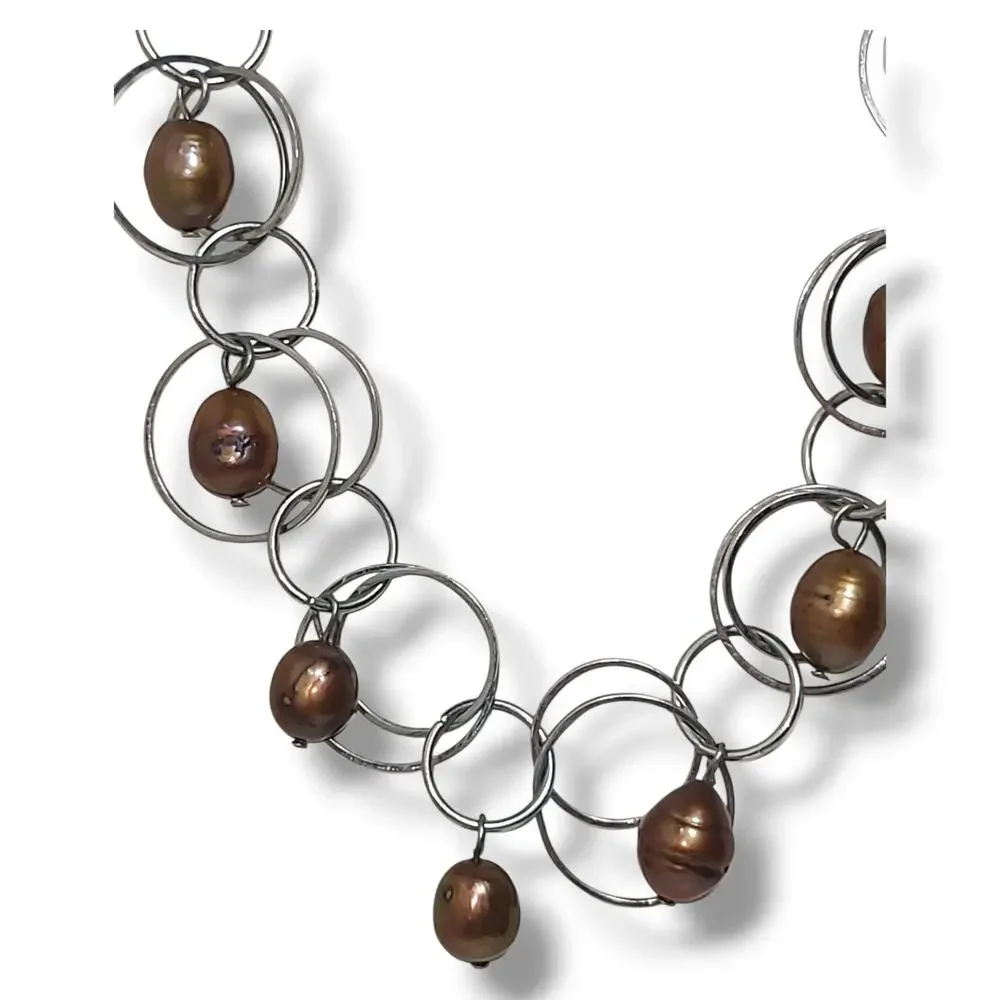 Silver Tone‎ Hoop Chain Bronze Potato Freshwater Pearls Station Necklace